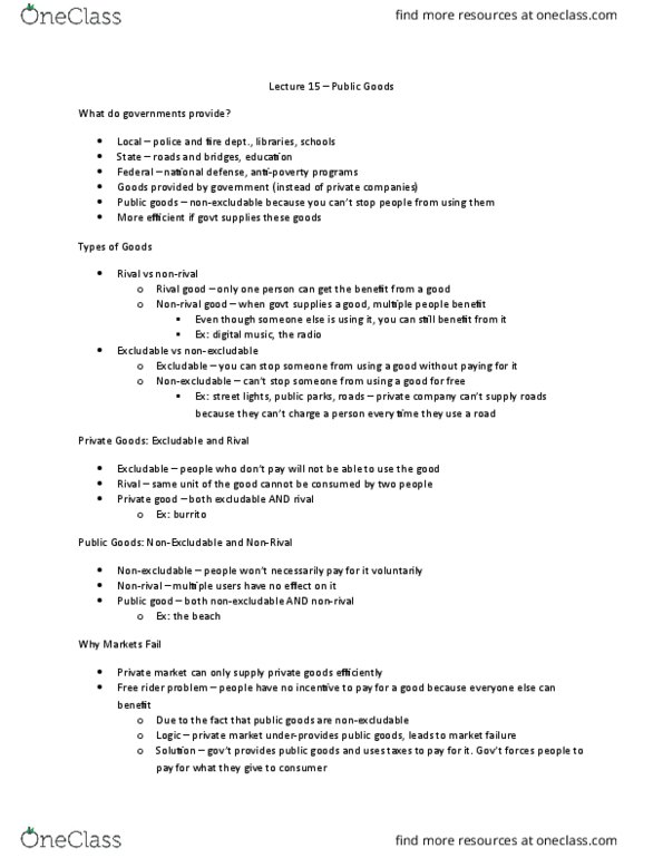 ECON 201 Lecture Notes - Lecture 15: Free Rider Problem, Underconsumption, Public Good thumbnail