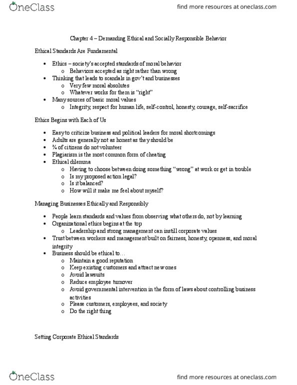 BUSN 102 Chapter Notes - Chapter 4: Ethical Dilemma, Organizational Ethics, Positive Tone thumbnail