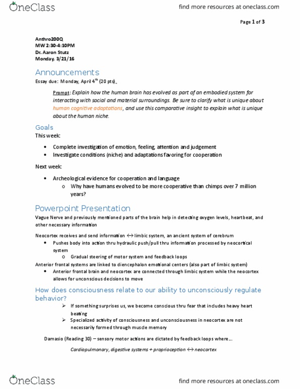 NBB 201 Lecture Notes - Lecture 14: Proprioception, Diencephalon, Limbic System thumbnail