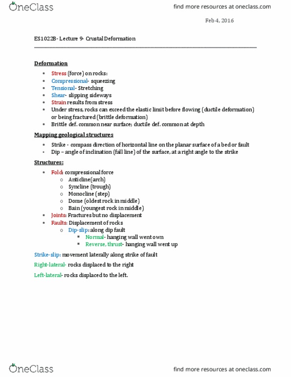 Earth Sciences 1022A/B Lecture Notes - Lecture 8: Strike And Dip, Monocline thumbnail