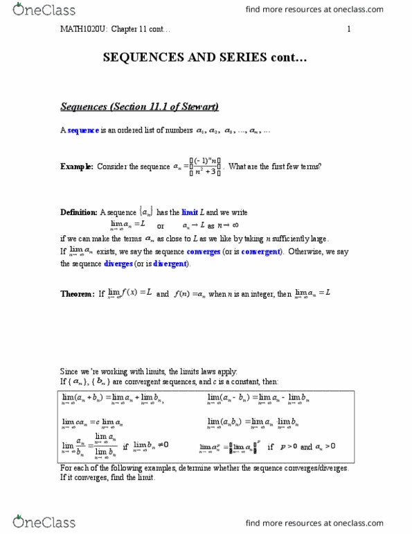 MATH 1020U Chapter Notes - Chapter 11: Convergent Series thumbnail