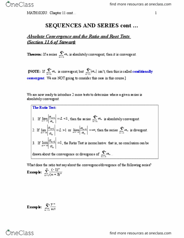 MATH 1020U Chapter Notes - Chapter 11: Conditional Convergence, Ratio Test thumbnail