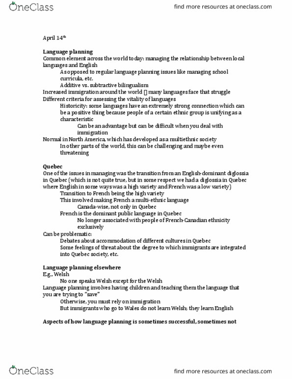 LING 320 Lecture Notes - Lecture 23: Individual And Group Rights, Language Planning, Quebec French thumbnail