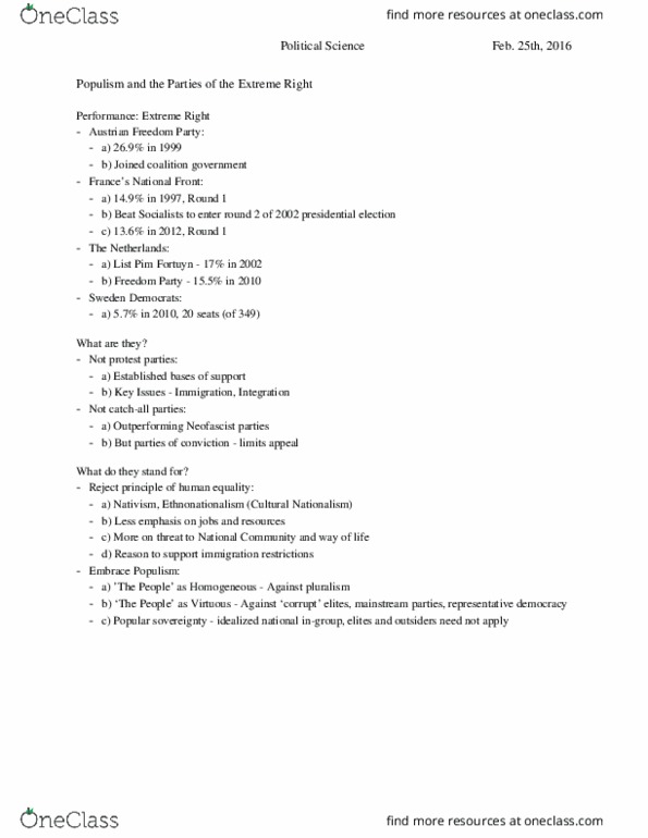 Political Science 1020E Lecture Notes - Lecture 14: Ingroups And Outgroups, Freedom Party Of Austria, Pim Fortuyn thumbnail