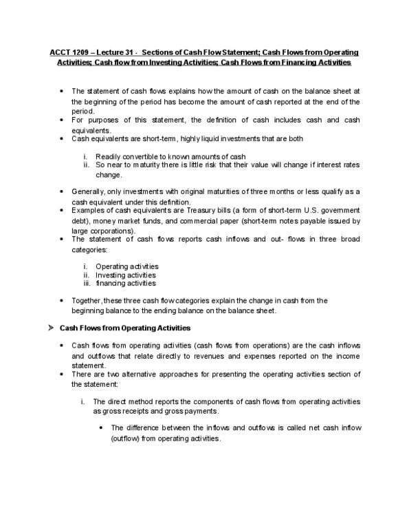 ACCT 1209 Lecture Notes - Lecture 31: Cash Flow Statement, Cash Flow, Money Market Fund thumbnail