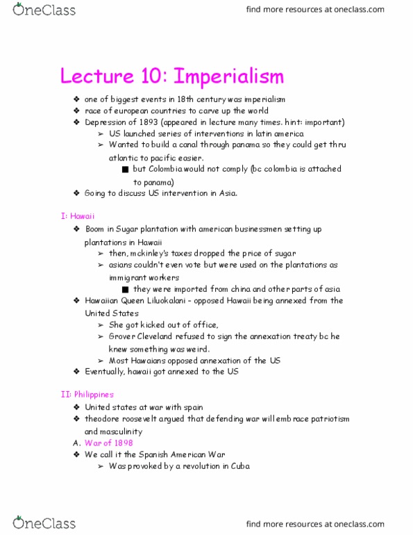 HISTORY 7B Lecture Notes - Lecture 15: Guerrilla Warfare, William Jennings Bryan, Samuel Gompers thumbnail