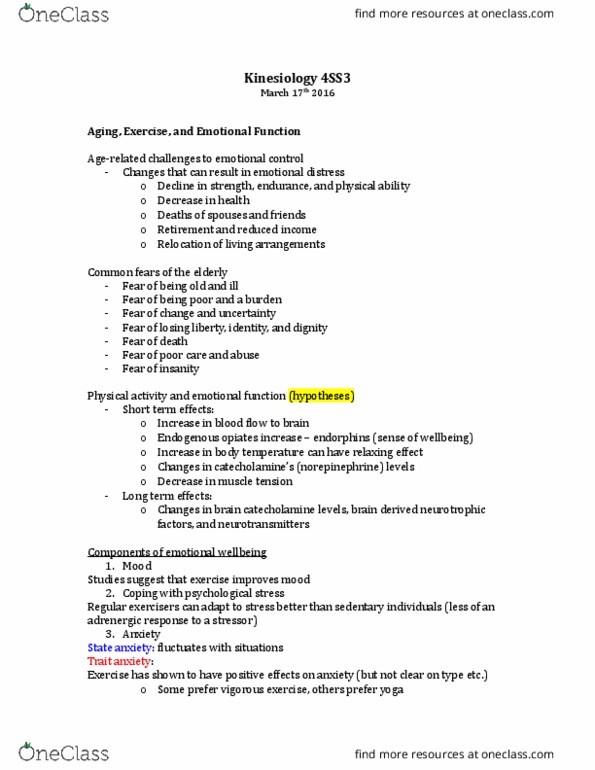 KINESIOL 4SS3 Lecture Notes - Lecture 13: Reuptake, Pituitary Gland, Brain-Derived Neurotrophic Factor thumbnail