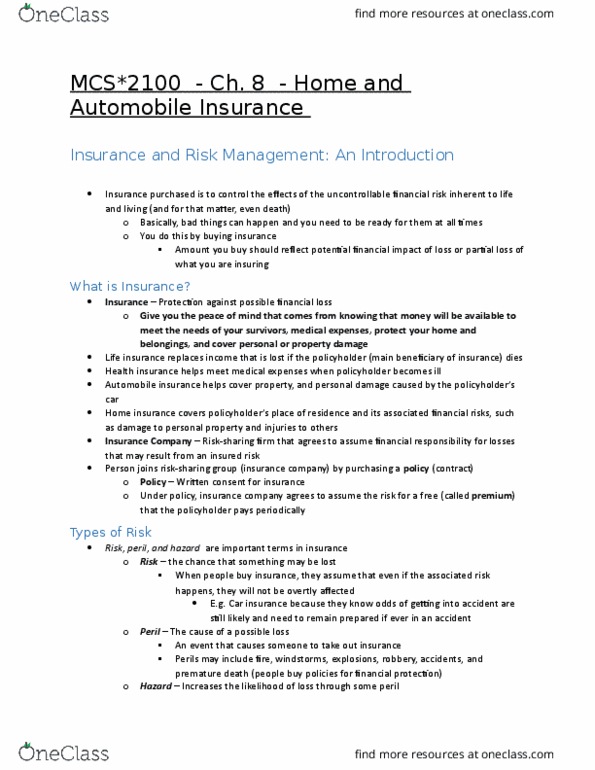 MCS 2100 Lecture Notes - Lecture 8: Small Claims Court, Dead Bolt, Home Insurance thumbnail
