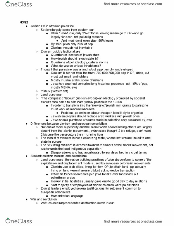 HIST 219 Lecture Notes - Lecture 18: S. Ansky, Civilizing Mission, Yishuv thumbnail