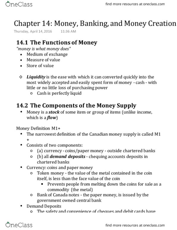 ECN 204 Chapter 14: Chapter 14 Money, Banking, and Money Creation thumbnail