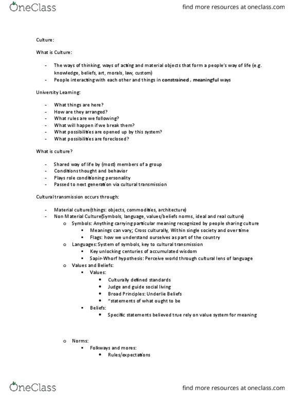 SOCI 100 Lecture Notes - Lecture 9: Incest Taboo, Cultural Relativism, Cultural Learning thumbnail