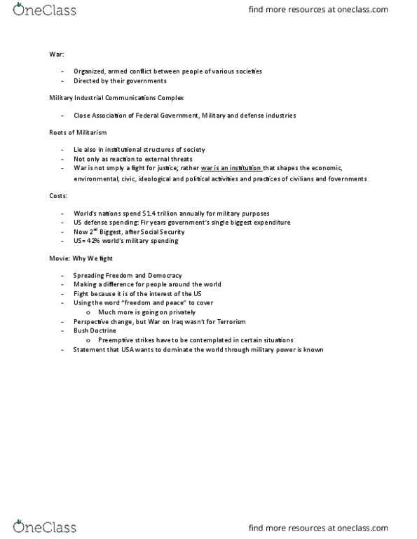 SOCI 100 Lecture Notes - Lecture 32: Bush Doctrine, Militarism thumbnail