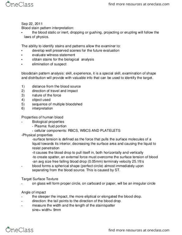 FSC239Y5 Lecture Notes - Lecture 5: Blunt Trauma, Blood Residue, Surface Tension thumbnail