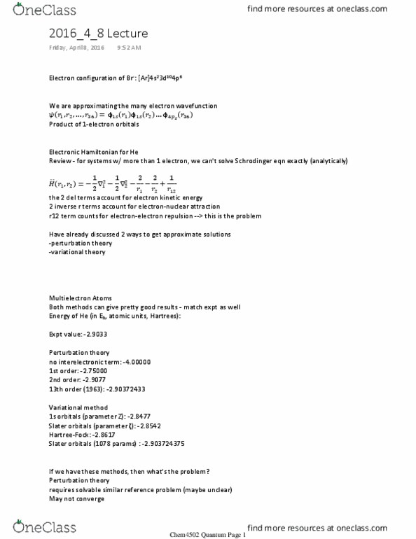 CHEM 4502 Lecture Notes - Lecture 28: Quantum Number, Pauli Exclusion Principle, Slater-Type Orbital thumbnail