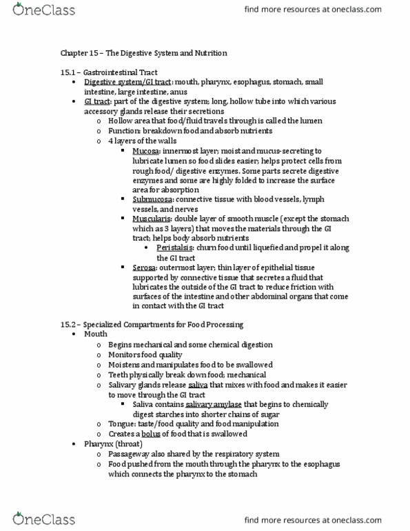 BISC106 Chapter Notes - Chapter 15: Duodenum, Cecum, Lacteal thumbnail