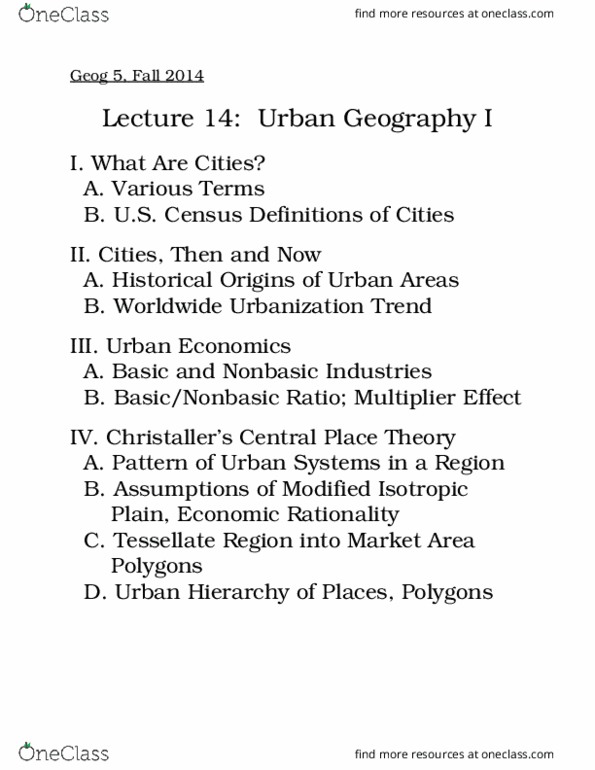 GEOG 5 Lecture Notes - Lecture 14: Rationality, Central Place Theory, Urban Geography (Journal) thumbnail