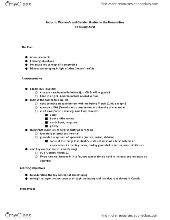 WOMN 1500 Lecture Notes - Lecture 14: Slut, Underground Railroad, Blood Type thumbnail