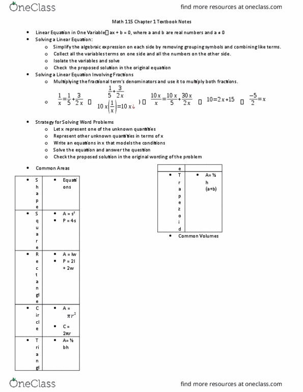 MATH 115 Lecture Notes - Lecture 1: Solution Set, Quadratic Equation, Pythagorean Theorem thumbnail