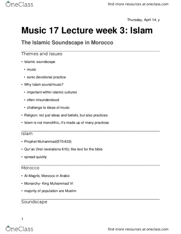 MUS 17 Lecture Notes - Lecture 3: Mehfil, Tariqa, Qawwali thumbnail