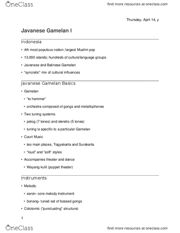MUS 17 Lecture Notes - Lecture 4: Legong, Animism, Wayang thumbnail