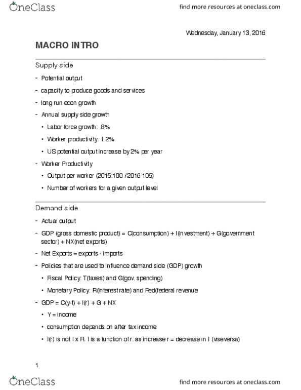 ECON 2020 Lecture Notes - Lecture 1: Potential Output thumbnail