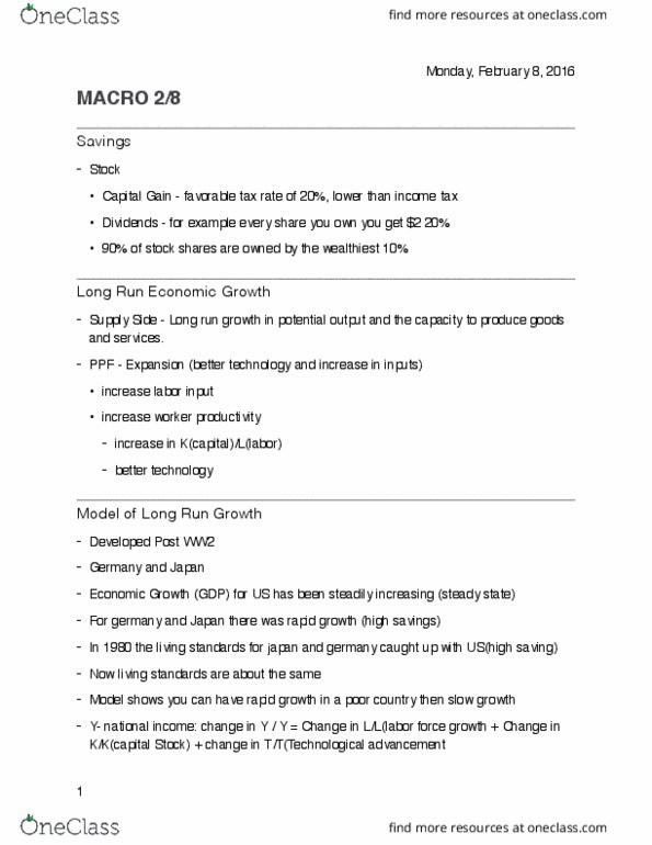 ECON 2020 Lecture Notes - Lecture 8: Diminishing Returns, Human Capital, Potential Output thumbnail