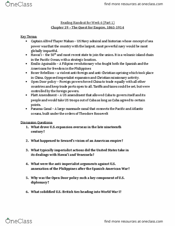 HIST 110 Lecture Notes - Lecture 19: Emilio Aguinaldo, Platt Amendment thumbnail