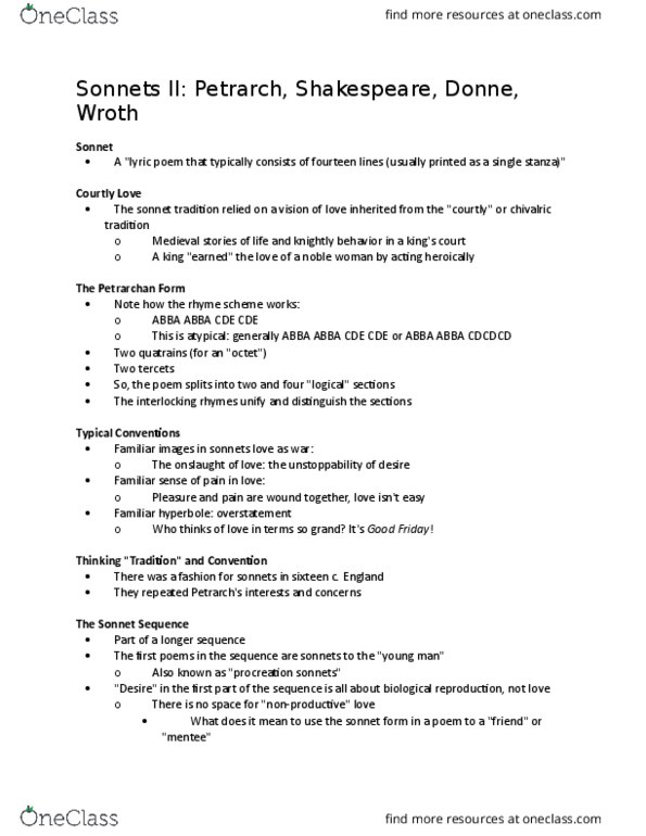 ENGL 10 Lecture Notes - Lecture 5: Lady Mary Wroth, John Donne, Procreation Sonnets thumbnail