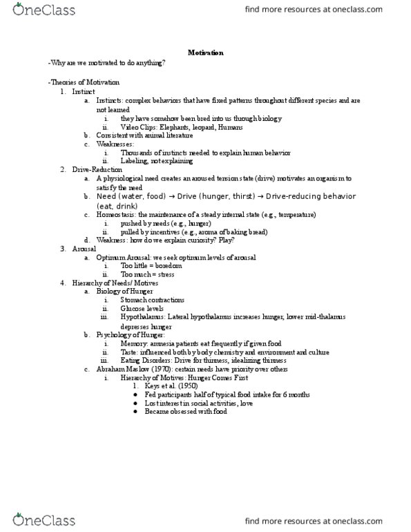 PSYC 102 Lecture Notes - Lecture 7: Abraham Maslow, Hypothalamus, Lateral Hypothalamus thumbnail