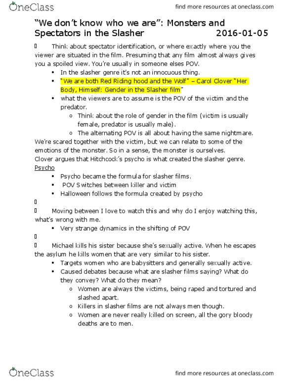 Film Studies 1022 Lecture Notes - Lecture 14: Hypodermic Needle, Carol J. Clover, Picket Fences thumbnail