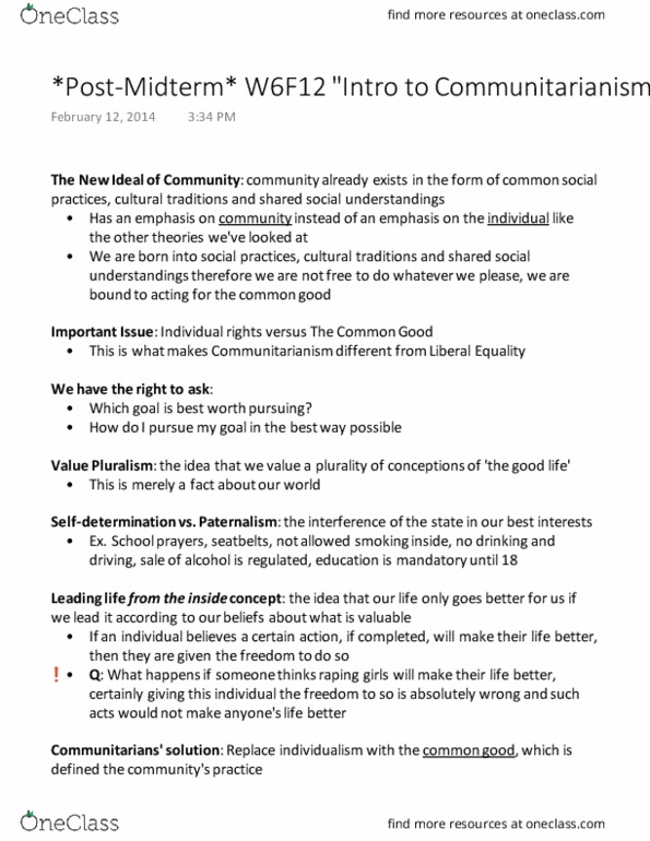 PHIL 1010 Lecture Notes - Lecture 8: Communitarianism, Individual And Group Rights, Paternalism thumbnail