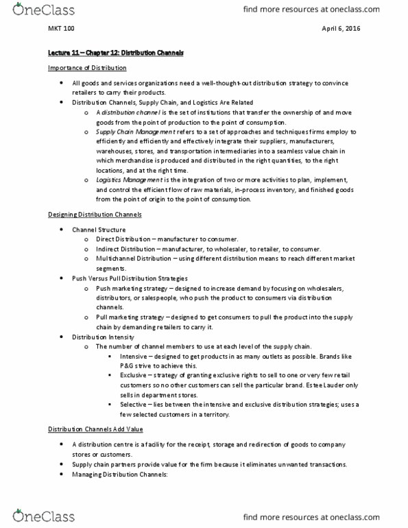 MKT 100 Lecture 11: Chapter 12 - Distribution Channels thumbnail