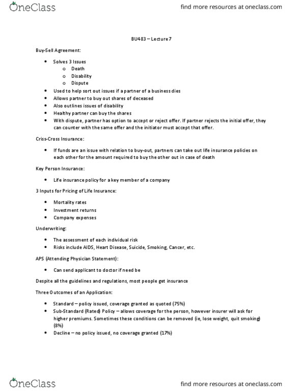 BU483 Lecture Notes - Lecture 7: Life Insurance, Crisscross thumbnail