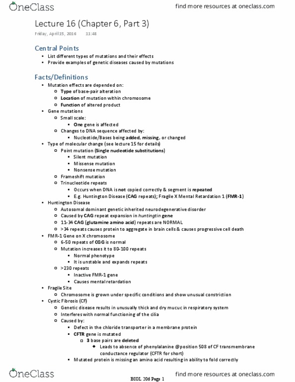 BIOL 206 Lecture Notes - Lecture 16: Phenylalanine, Membrane Protein, Fmr1 thumbnail