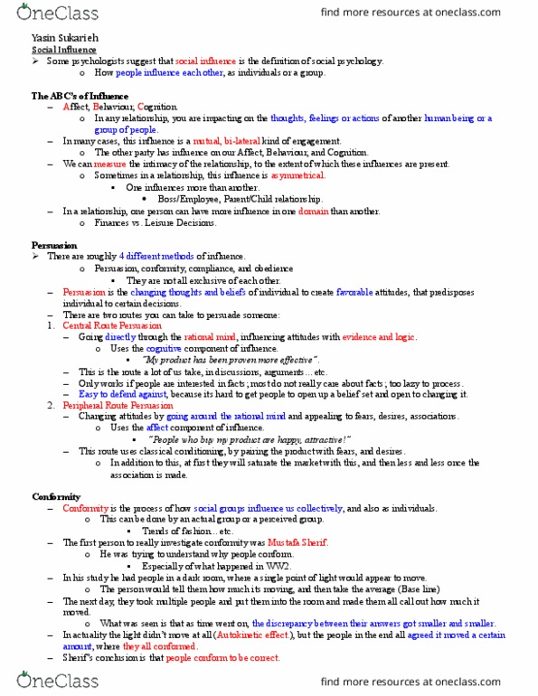 PSYCH101 Lecture Notes - Lecture 7: Solomon Asch, Classical Conditioning, Social Influence thumbnail