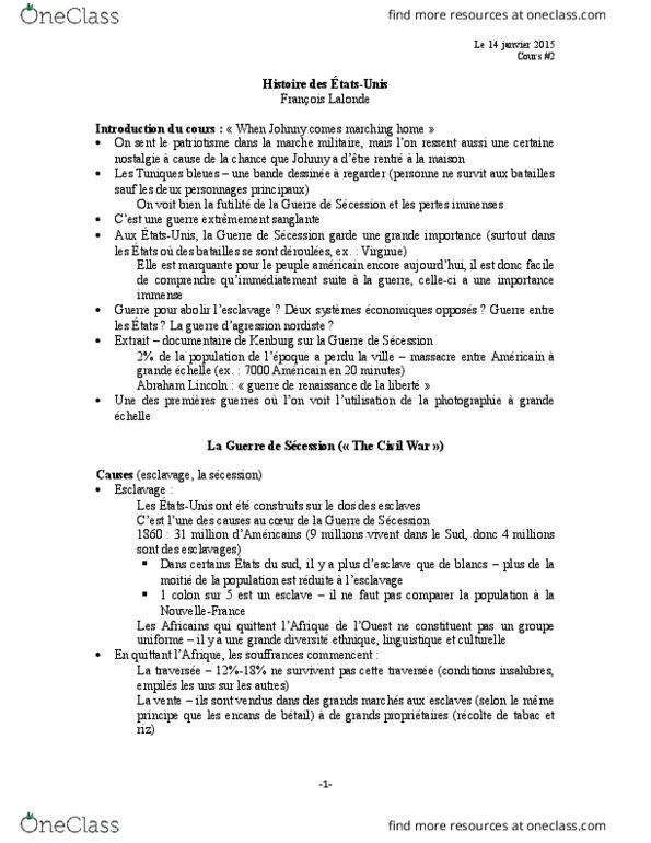 HIS 2552 Lecture Notes - Lecture 2: Les Tuniques Bleues, La Balance, Survie thumbnail