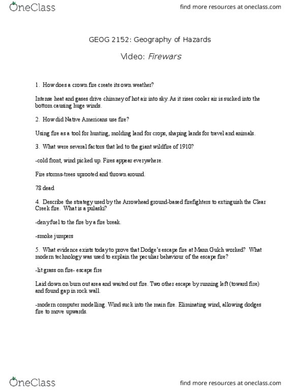 Geography 2152F/G Lecture Notes - Lecture 2: Firebreak, Smokejumper thumbnail