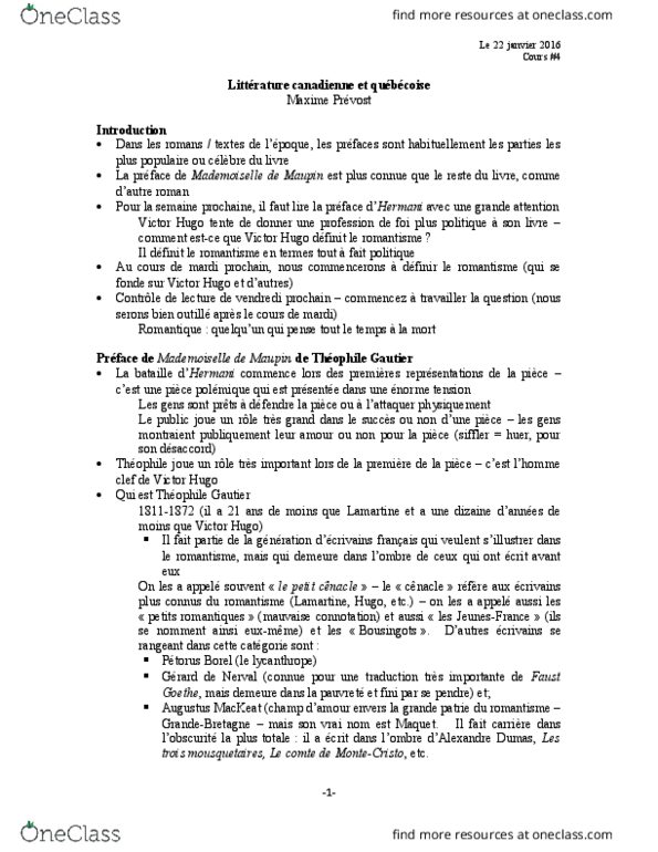 FRA 1748 Lecture Notes - Lecture 4: Romanticism, Alphonse De Lamartine, Feuilleton thumbnail