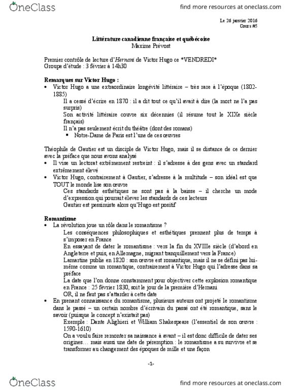 FRA 1748 Lecture Notes - Lecture 5: Romanticism, Le Monde, Alphonse De Lamartine thumbnail