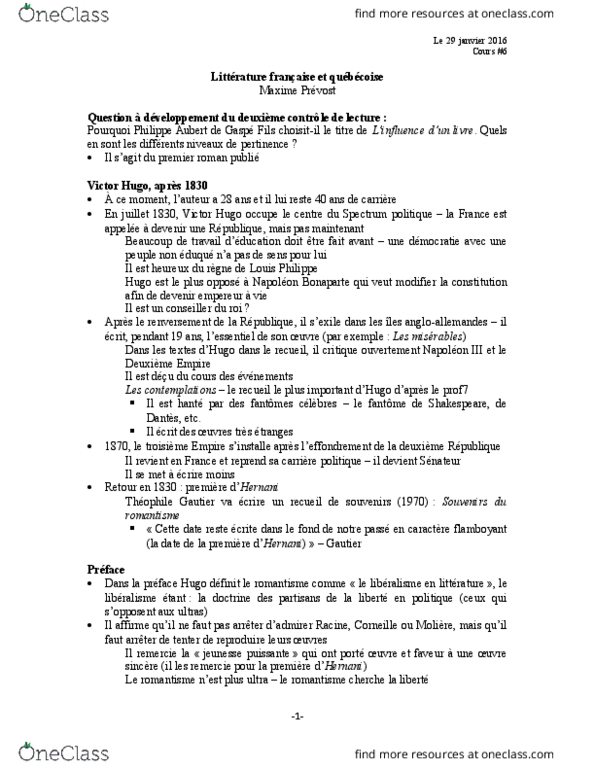 FRA 1748 Lecture Notes - Lecture 6: Romanticism, Le Monde, Les Contemplations thumbnail