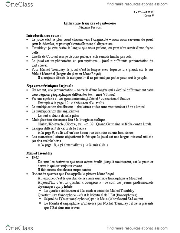 FRA 1748 Lecture Notes - Lecture 18: Le Plateau-Mont-Royal, Joual, Vivant thumbnail