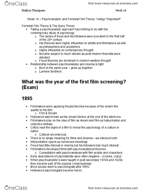 Film Studies 1020E Lecture Notes - Lecture 14: Feminist Film Theory, Film Theory, Laura Mulvey thumbnail