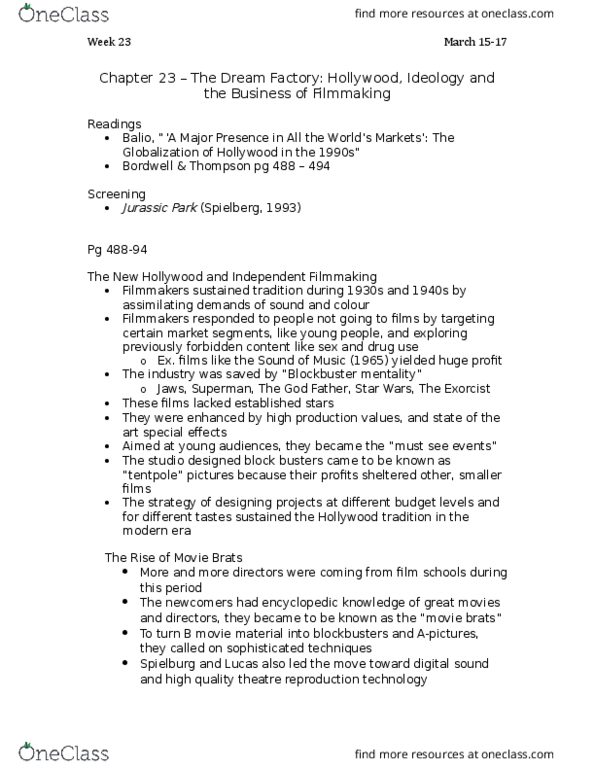 Film Studies 1020E Lecture Notes - Lecture 23: Star Movies, New Hollywood, Cinema Of The United States thumbnail