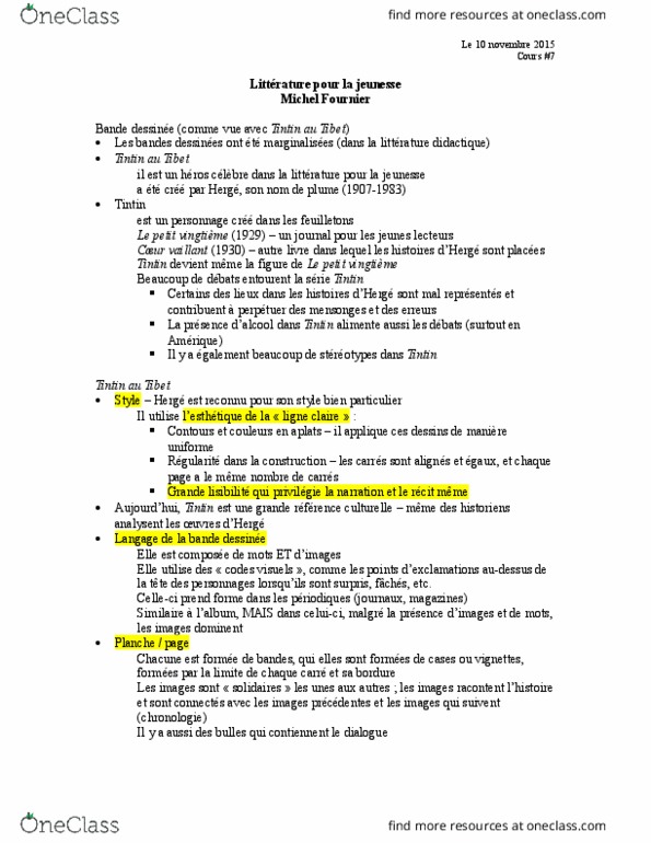 FRA 2715 Lecture Notes - Lecture 7: Ligne Claire, Bordure, Chronologie thumbnail