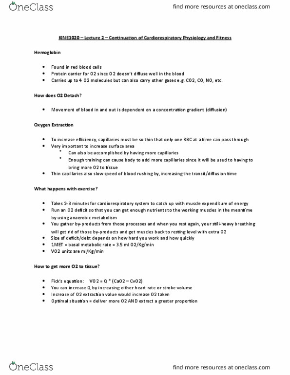 KINE 1020 Lecture Notes - Lecture 2: Basal Metabolic Rate, Stroke Volume, Hemoglobin thumbnail