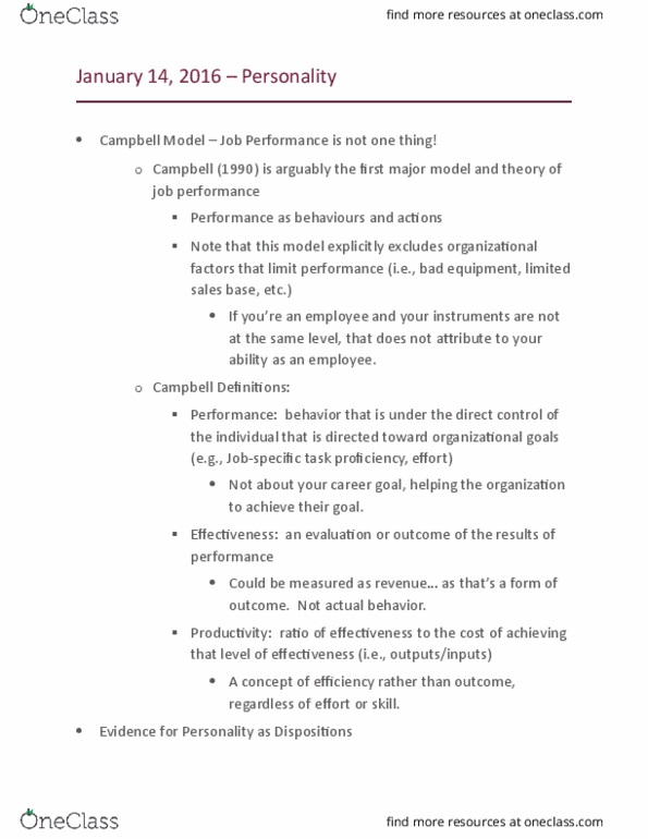 PSYCH 338 Lecture Notes - Lecture 4: Rajeevan, Extraversion And Introversion, Job Performance thumbnail