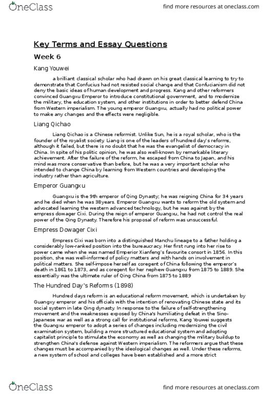 GASB58H3 Lecture Notes - Lecture 6: Empress Dowager Cixi, Guangxu Emperor, Kang Youwei thumbnail