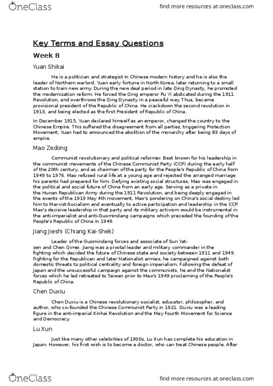 GASB58H3 Lecture Notes - Lecture 8: Communist Party Of China, May Fourth Movement, Chen Duxiu thumbnail