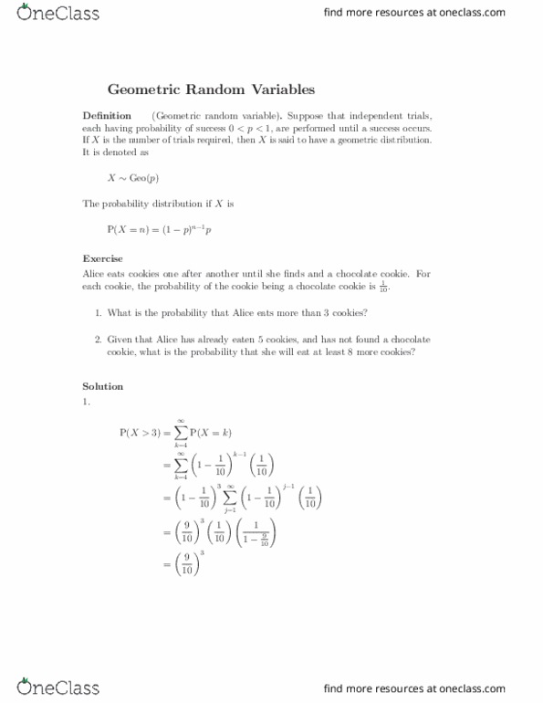 STAT 100A Lecture Notes - Lecture 14: Random Variable, Geometric Distribution thumbnail