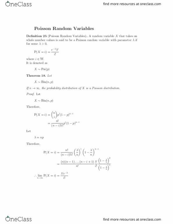STAT 100A Lecture Notes - Lecture 12: Poisson Distribution, Random Variable thumbnail